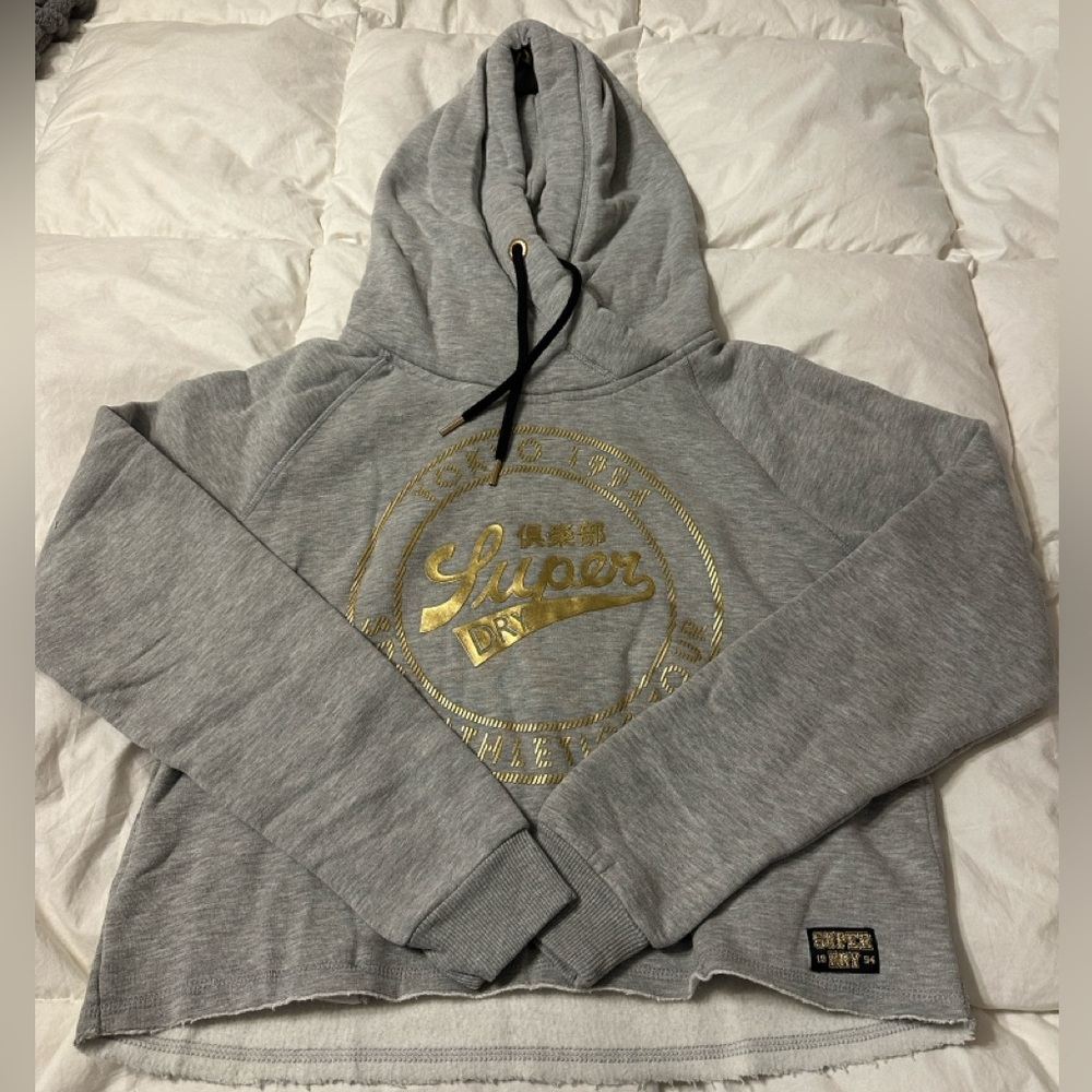 Superdry Ace Metal Crop Hoodie - NWT - Size 10 Gray Hoodie with Gold Logo - Picture 4 of 16